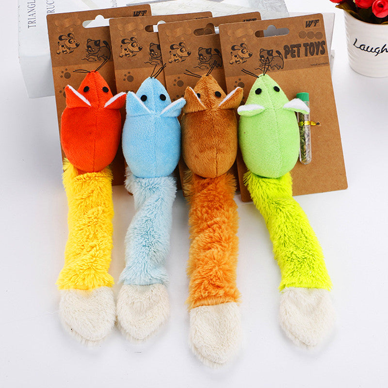 Four colorful pet toys on packaging with a white background