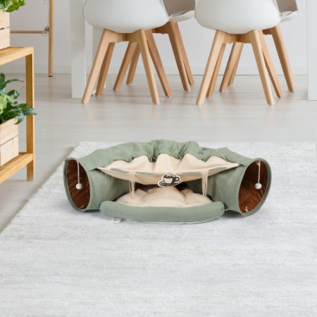 Cat's Telescopic Tunnel with  Cushioned Bed Pet Nest, Teasing Balls and Zipper Connection Feline