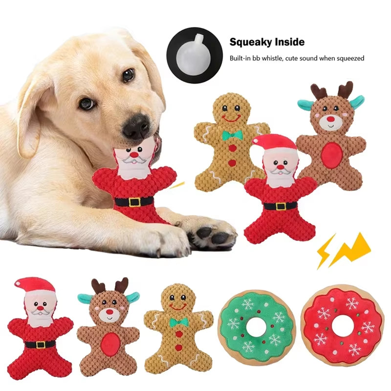 Xmas Pet Dog Plush Chew Toy Santa Elk Gingerbread Man Donut Cat Dog Christmas Cartoonsoft Toy for Dogs Toys Pet Supplies